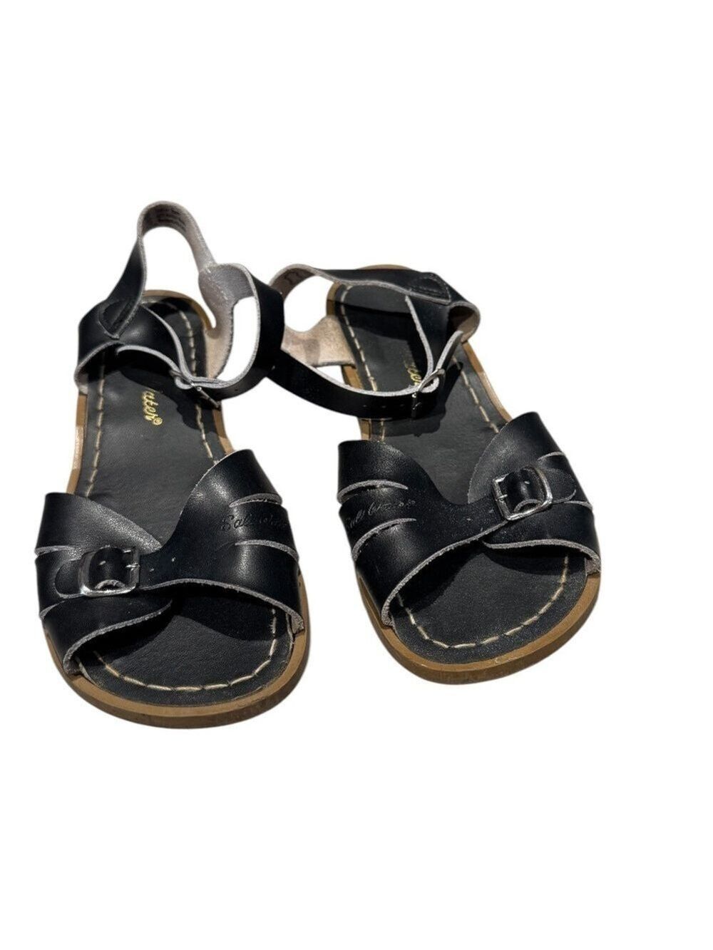 SALT WATER “CLASSIC” black leather flat sandals - size 4 youth (6 women)